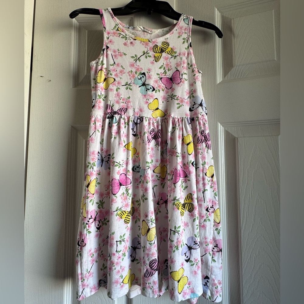 H&M White Sleeveless Dress with Pink & Yellow Butterfly Print,SZ 8-10 Girls. EUC